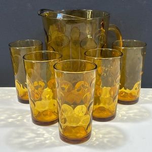 Vtg Hazel Atlas Amber ELDORADO Gold Beverage Set 64 oz Pitcher 5 Glasses (T44)